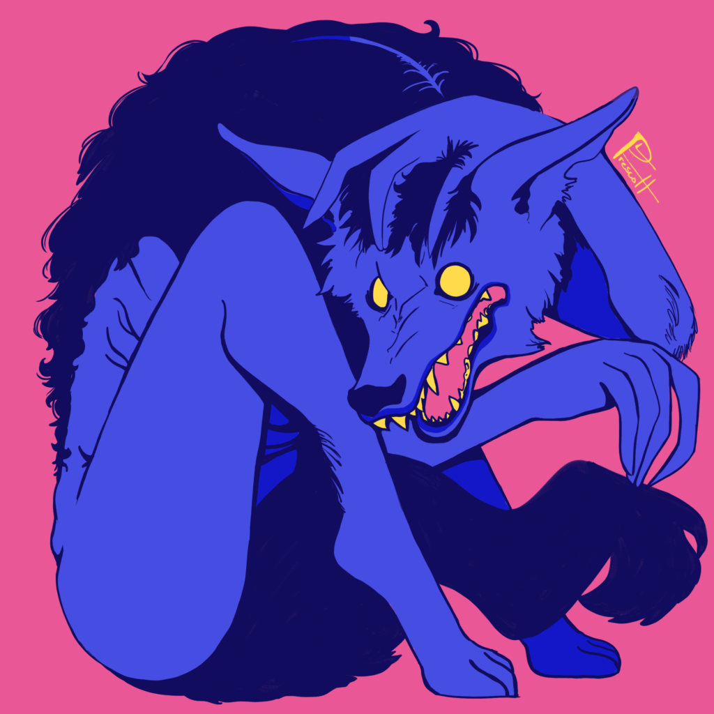 A fully transformed werewolf. Huddling to contain its huge, lanky form. A sparse, black mane crawls down its back. Its eyes are pure yellow, it's maw open and salivating in hunger.