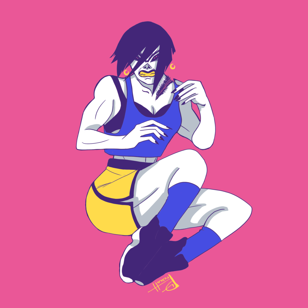 A half-transformed werewolf is sitting in athletic wear. She is very muscular and hairy, with sharp yellow teeth, claws and other fierce features.