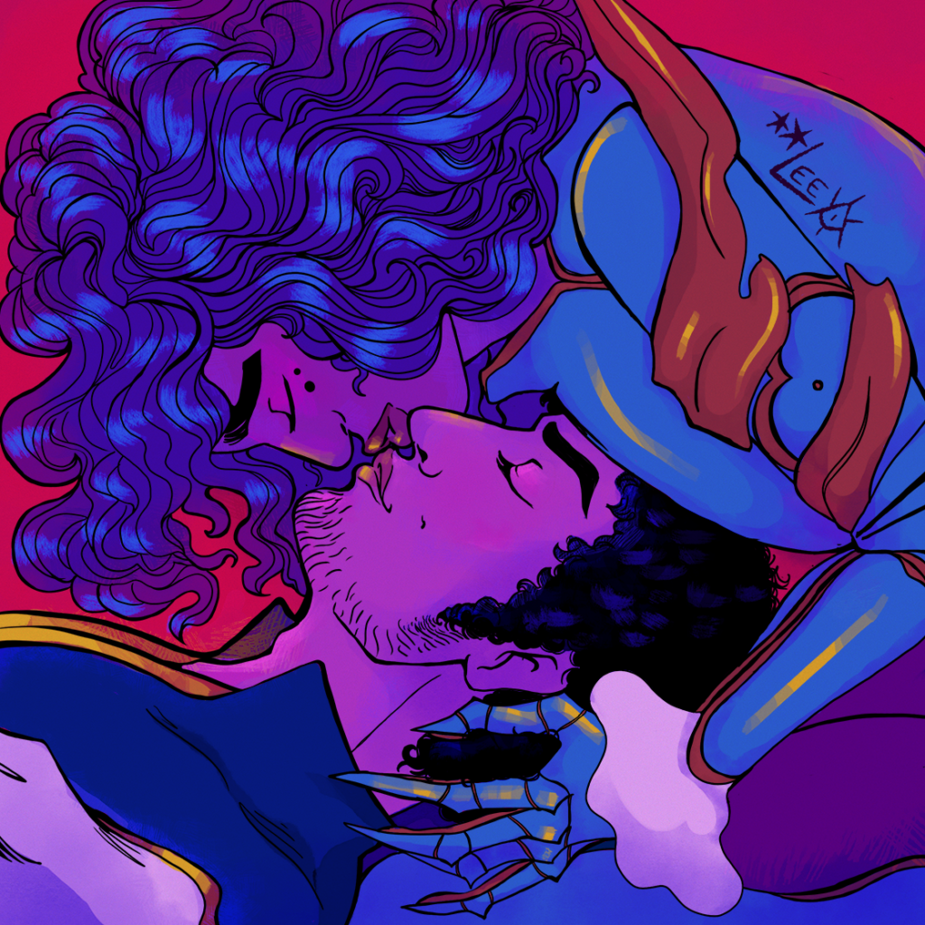A female knight in blue armor gently cradles the head of her courtly lover and bends down to kiss him. Both are beautiful, the knight with two beauty marks under her eye like a constellation. Her lover boasting a head of curly black hair.